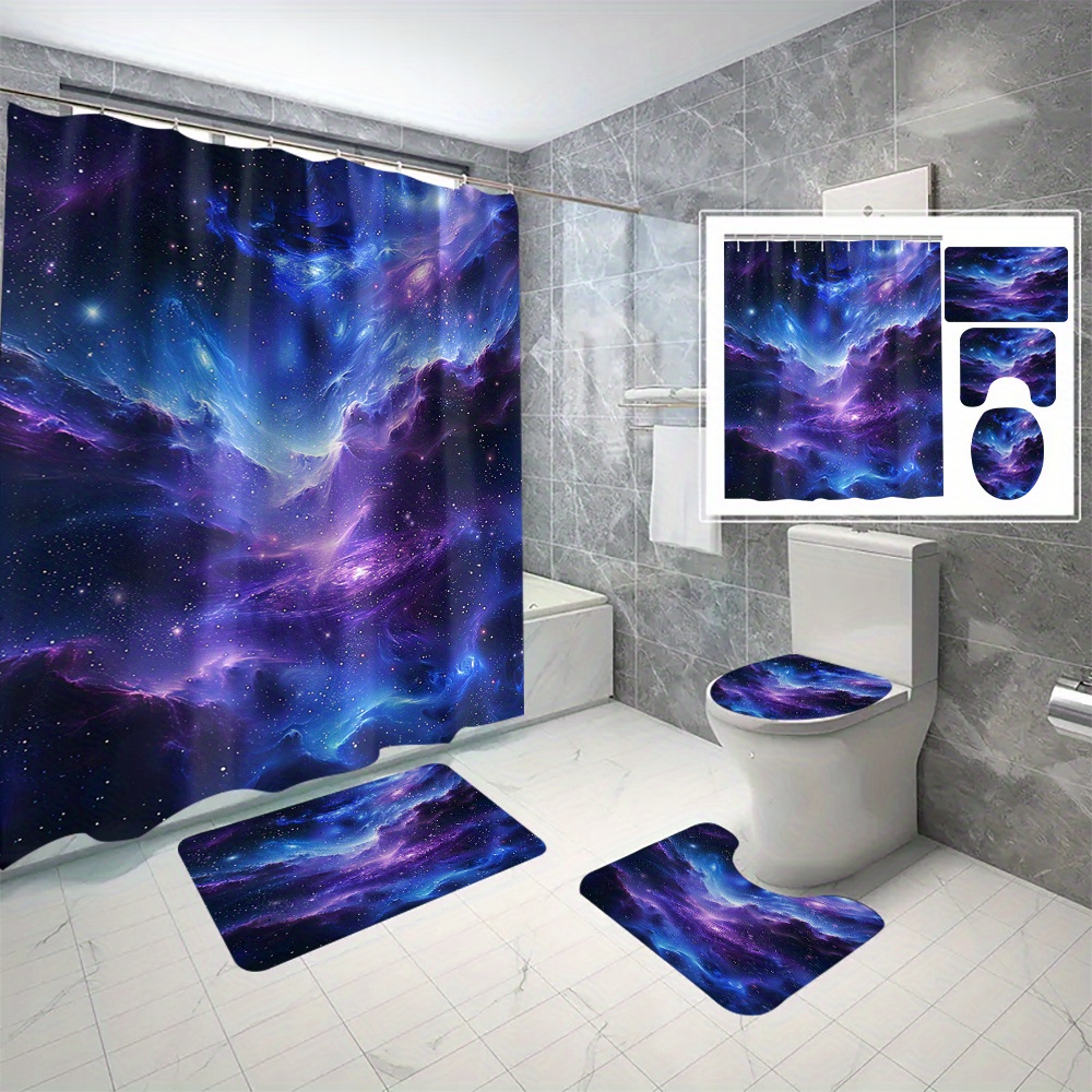 

Waterproof Polyester Shower Curtain With Hooks - Purple & Blue Nebula Print, Machine Washable, Resistant Bathroom Divider, In 1pc/3pcs/4pcs Set