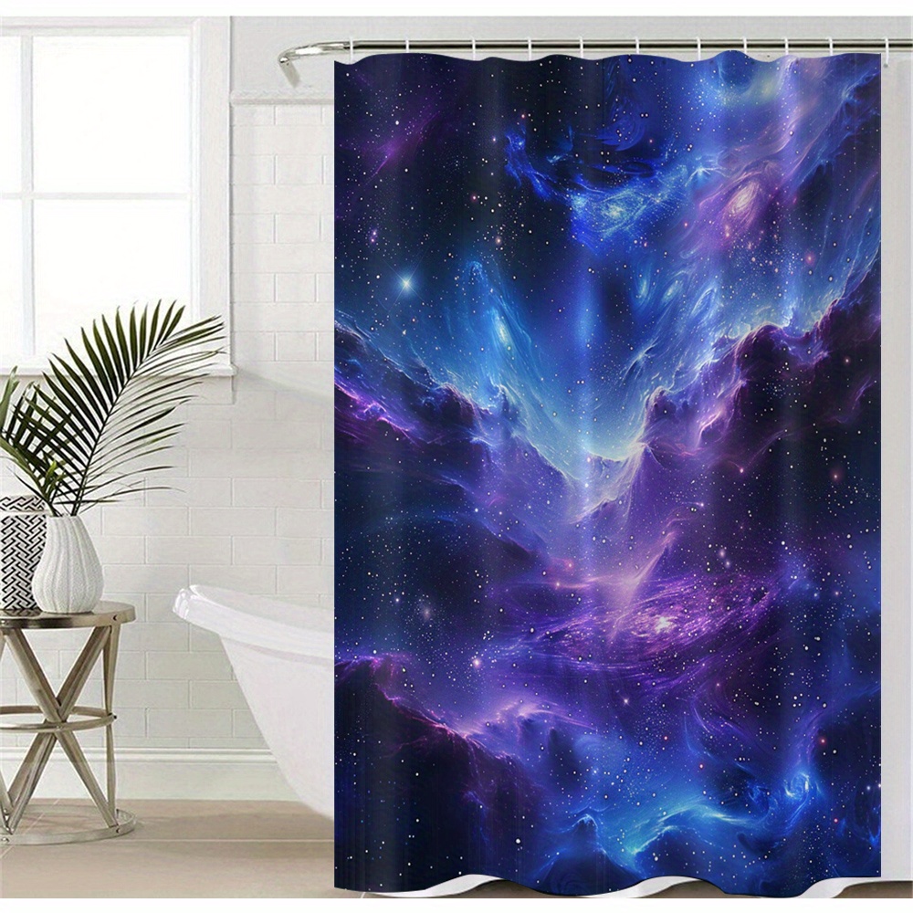 TEMU Waterproof Polyester Shower Curtain With Hooks - Purple & Blue Nebula Print, Machine Washable, Resistant Bathroom Divider, In 1pc/3pcs/4pcs Set