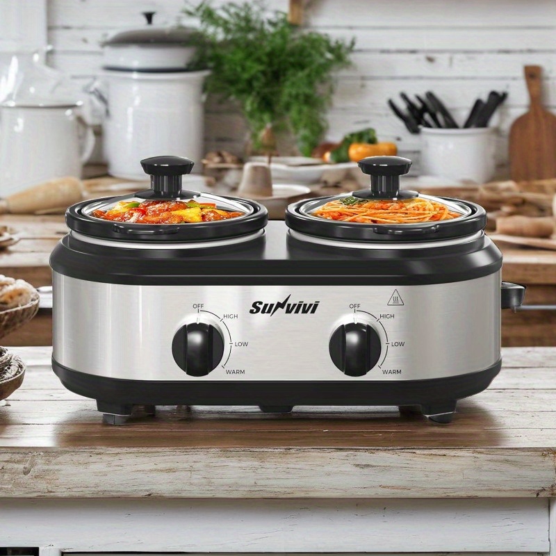 

Royalcraft Dual Slow Cooker, Buffet And Food Warmer, Small Mini Pot With 3 Adjustable Temp & 2 Glass , For Parties, Holidays And Entertaining, Stainless Steel, .5 Qt