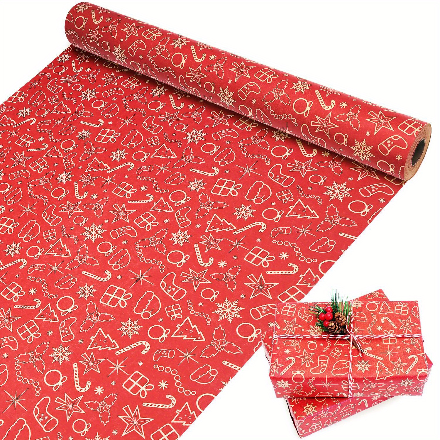 

[ ] Christmas Kraft Wrapping Roll - 17x590 , Red , , Stockings & - For