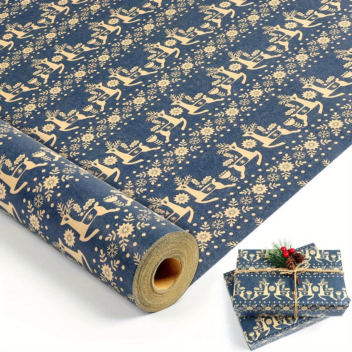 

Christmas Reindeer & Snowflake Themed Wrapping Paper Roll - 17" X 49' Kraft Gift Wrap For Holiday, Tree, Animal , Bulk 69.4 Total - Festive Navy Blue Paper For Presents