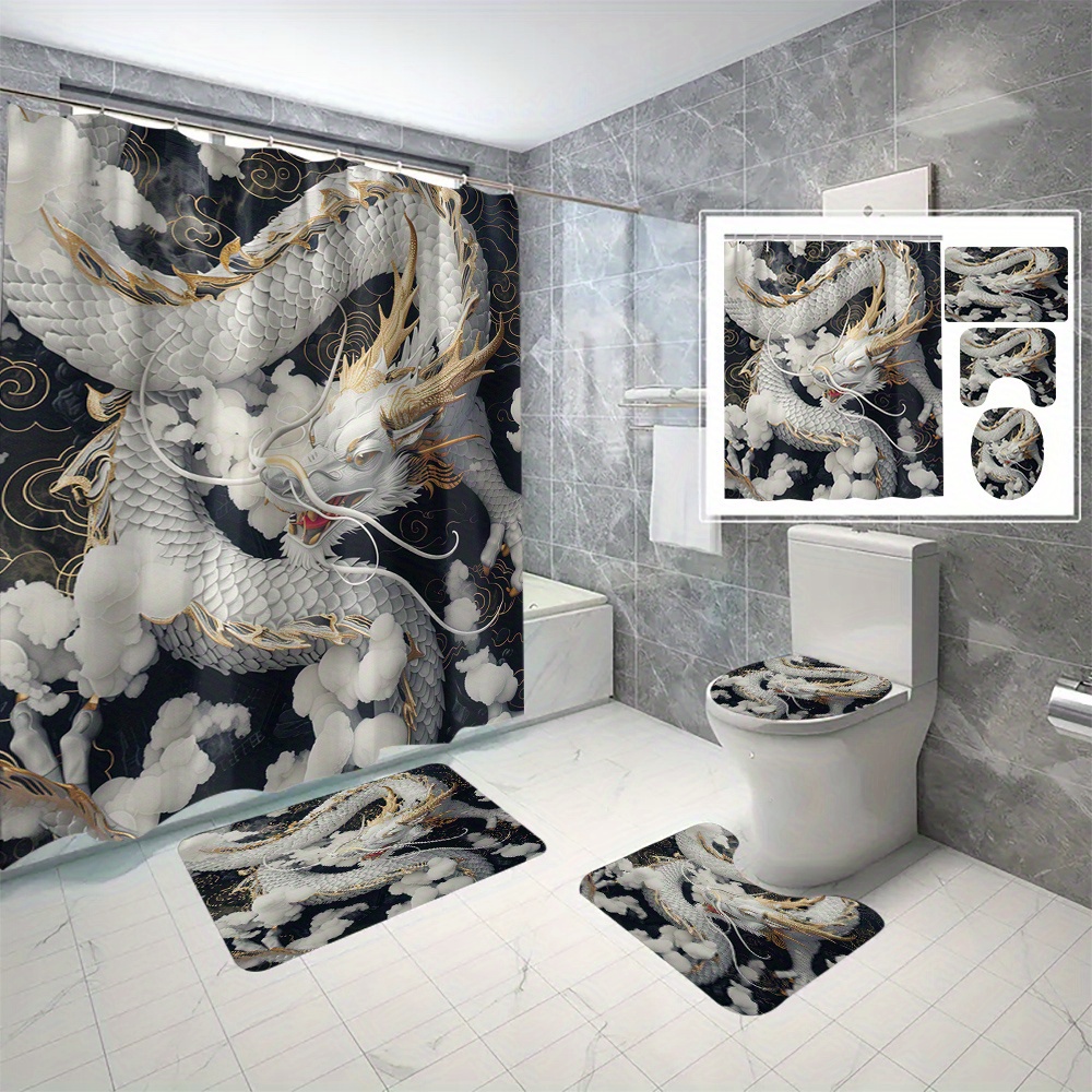 

1pc/3pcs/4pcs Dragon Digital Printing Polyester Waterproof Shower Curtain No Punching Bathroom
