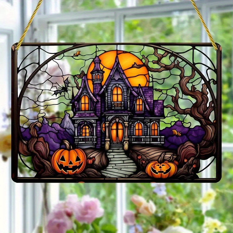 

Horror Castle Pumpkin Translucent Suncatcher - Art Decor Style Acrylic Decorative Sign, Building Theme For Multipurpose Use - Ideal For Window, Porch, Wall, Home & Garden Decoration