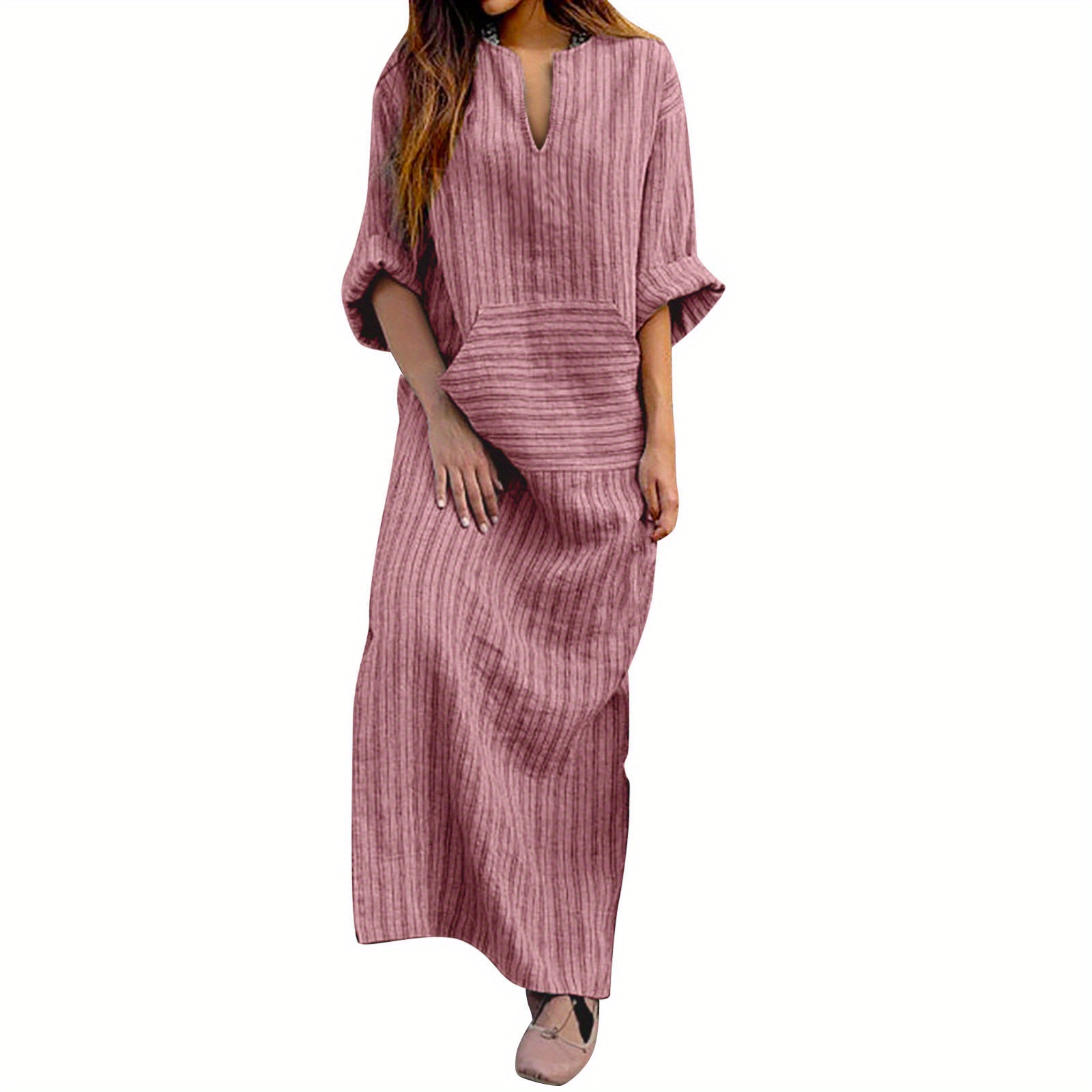 

Striped Print Notched Neck Pocket Dress, Casual Long Sleeve Maxi Loose For Spring & Fall, Women's Clothing