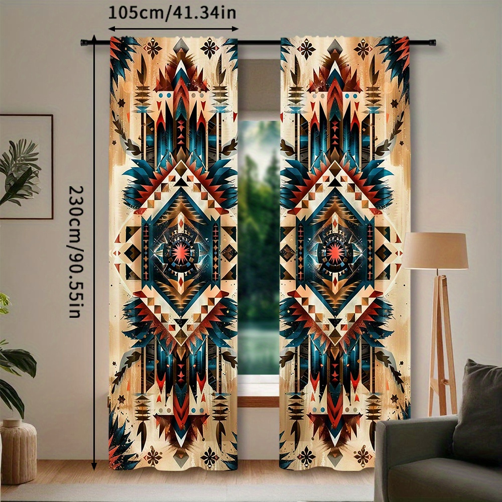TEMU 2pcs, Boho Blackout Rod Pocket Vintage Patterned Curtains For Bedroom Office Room Study Home Decor