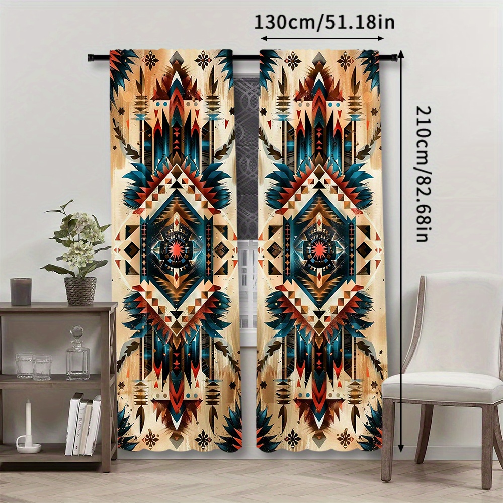 TEMU 2pcs, Boho Blackout Rod Pocket Vintage Patterned Curtains For Bedroom Office Room Study Home Decor