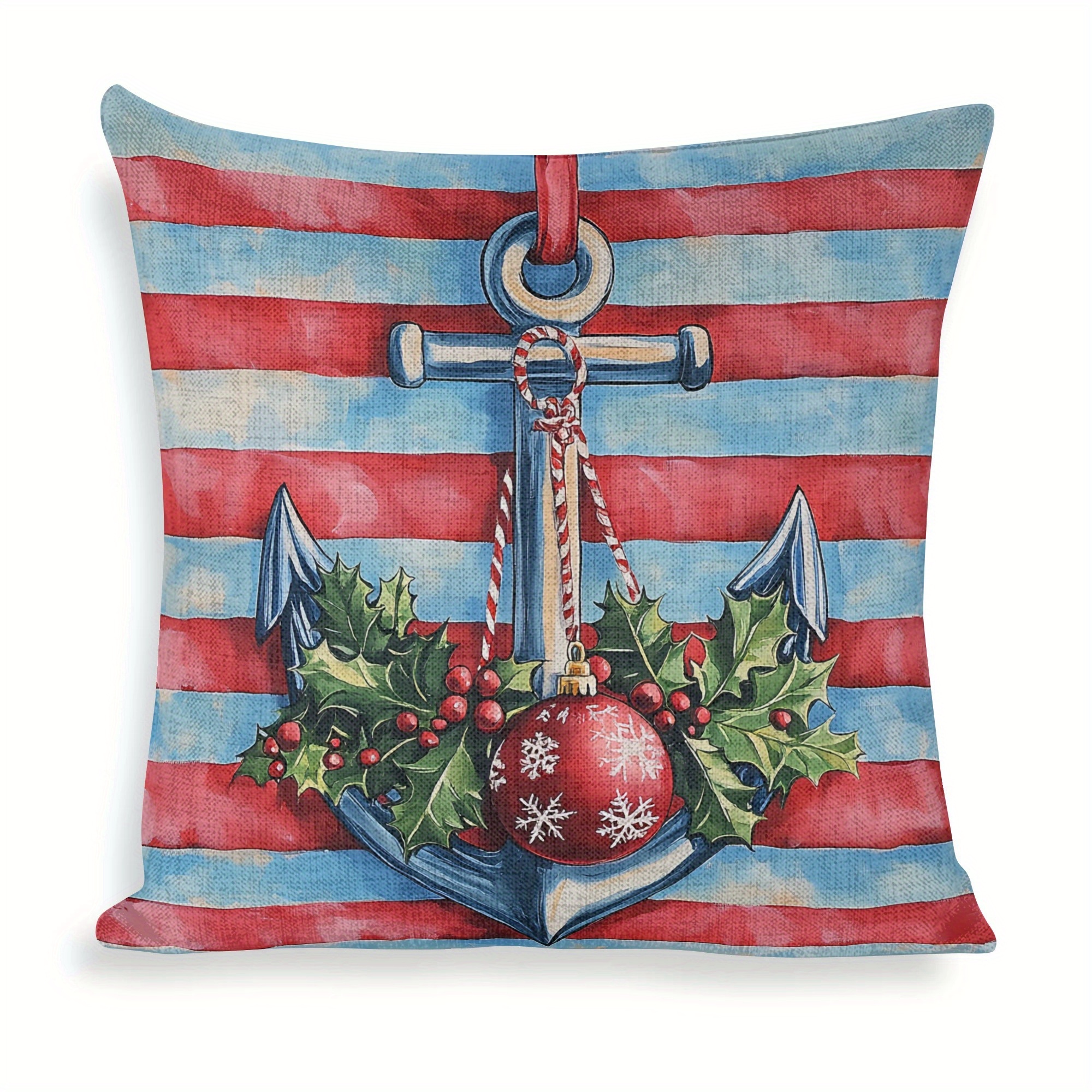 

Nautical Christmas Anchor Throw Pillow Covers 2pc Set, 18x18 Inch, Handwash Linen Zippered Cushion Cases For Sofa, Chair, Bed, Living Room, Office - Contemporary Woven Decor With Festive Pattern.