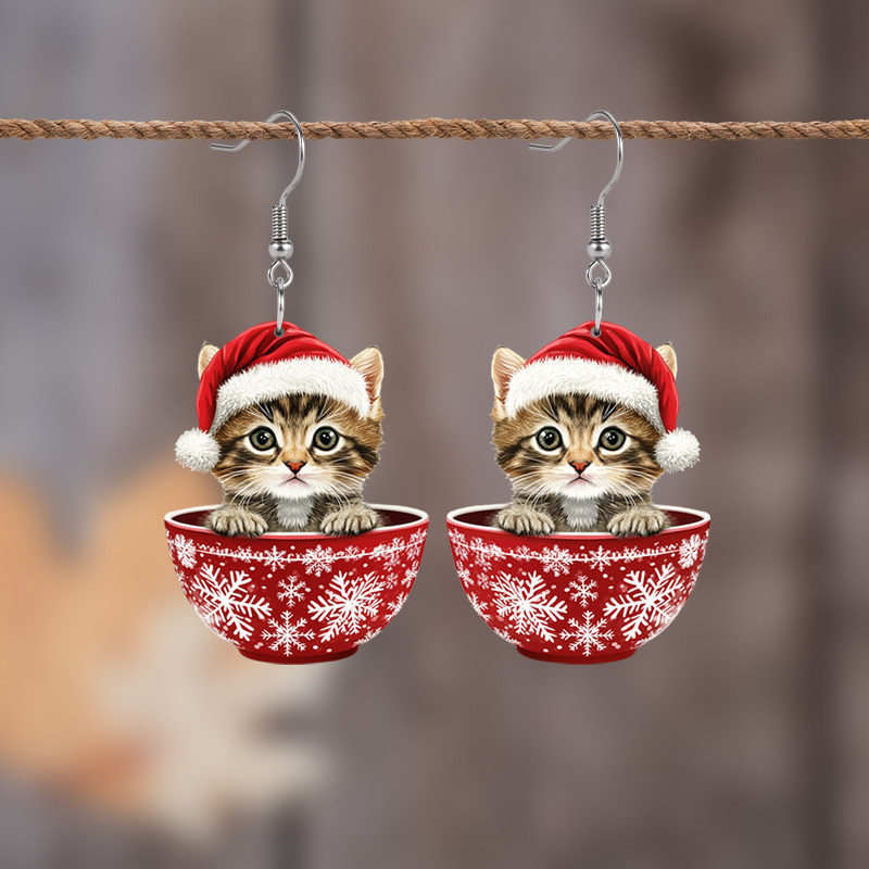 

1 Pair Christmas Cat Acrylic Earrings, Double-sided Pattern, Stainless Steel Post, Holiday Jewelry Gift For Women, Party And Celebration Accessory, Wear, Christmas Earrings