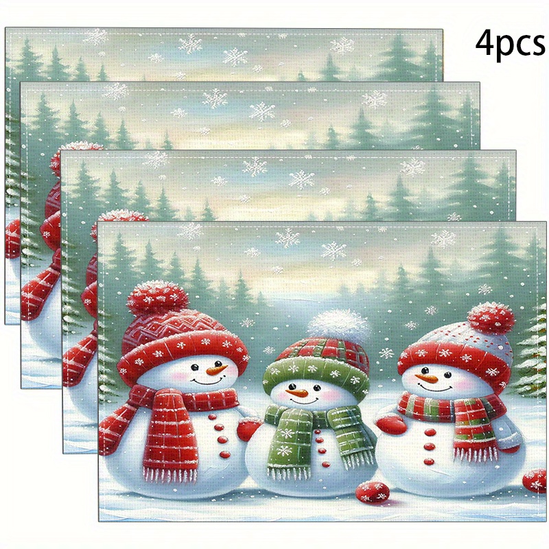 

4pcs Christmas Snowman Theme Placemats Set, Woven Linen Table Mats, Heat-resistant, Machine Washable, Festive Dining Decor