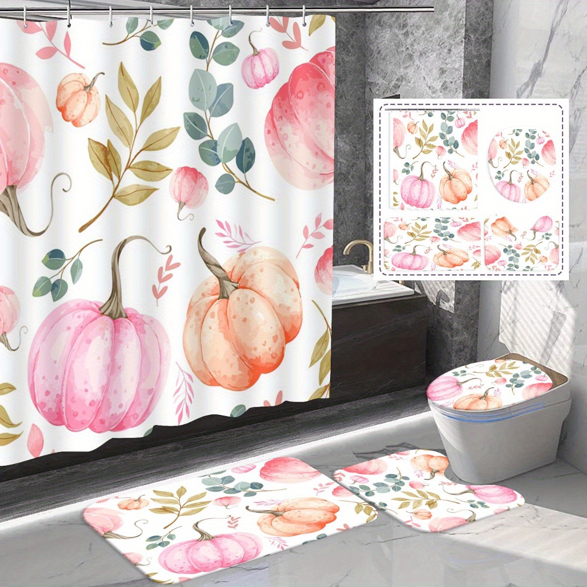 

Festive Pumpkin And Autumn Leaves Bathroom Set: Includes 71x71in/180x180cm Shower Curtain, Bath Mat, And Toilet Seat Cover - Perfect For Thanksgiving Or Fall Decor