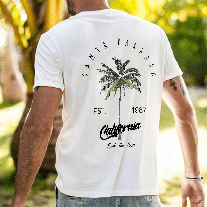 

California Coconut Tree Print, Men's Cotton Crew Neck Short Sleeve T-shirt Top, Lightweight & Trendy For Summer Daily & Outdoor & Vacation Wear