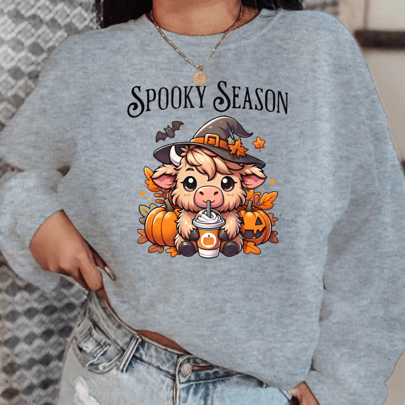 

Women's Casual Crew Neck Sweatshirt - 100% Polyester Knit Fabric With Pumpkin, Bat, And Highland Cow Print For All