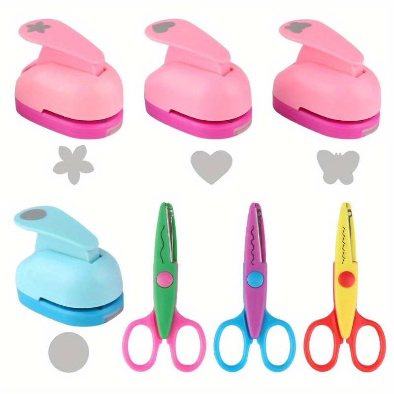 Paper Punch Craft Scissors Set 4 Pieces Punch and 3 Scissors Heart Circle Flower Butterfly Motif Punch Diameter 15 mm 3 Shapes Safety Scissors Zigzag