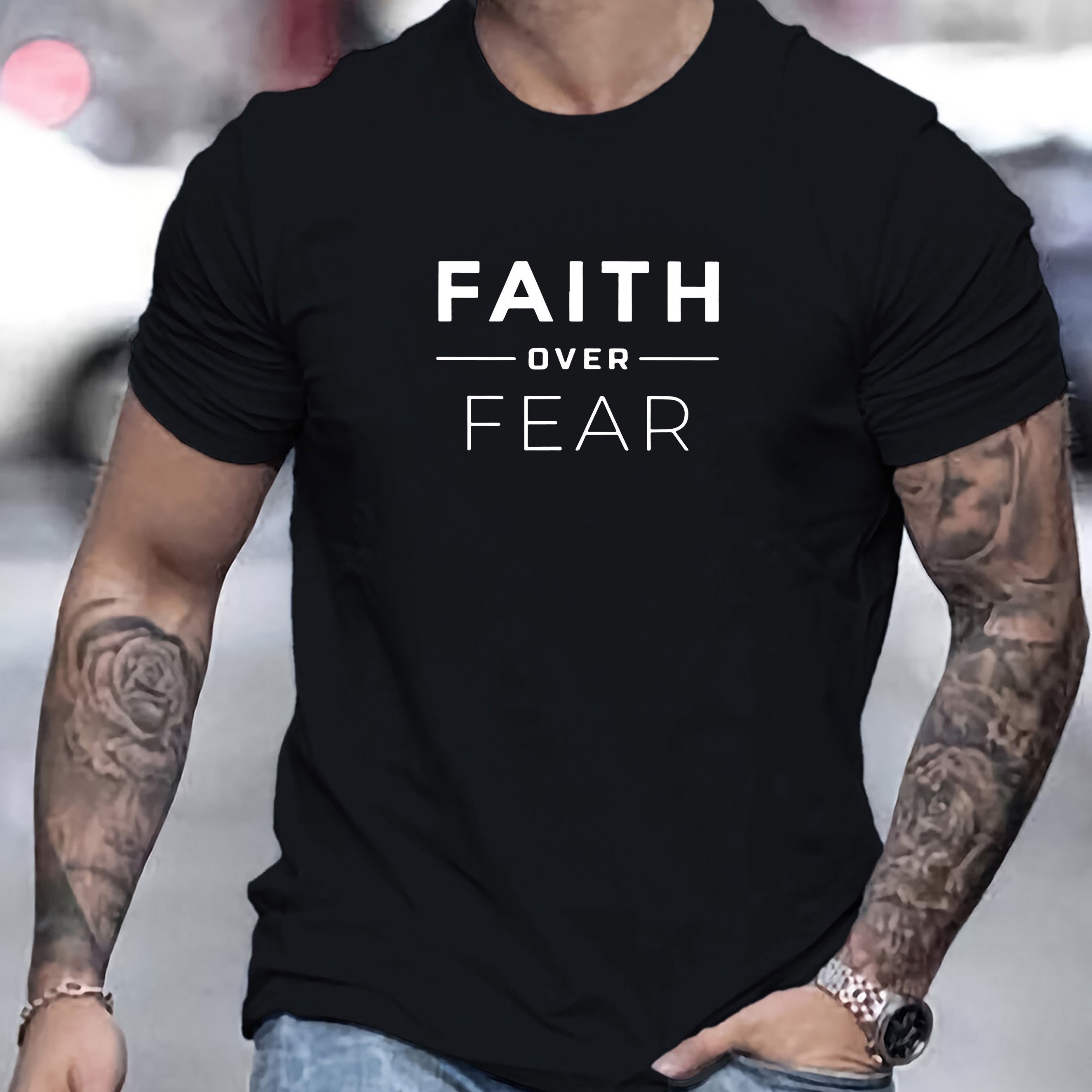 

1 Pc, 100% Cotton T-shirt, Faith Over Fear Letter Graphic Printed Men's Creative Top, Casual Short-sleeved Round Neck T-shirt, Summer Outdoor Men's Wear