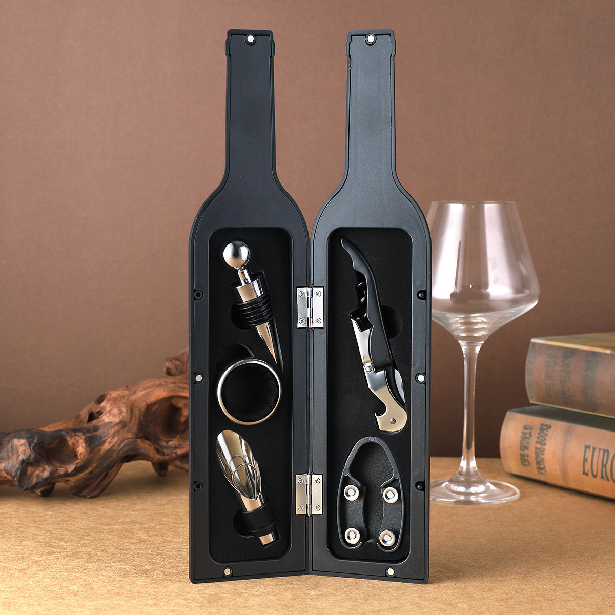 

5-piece Stainless Steel Bottle Opener Set With Decorative Case, Includes Corkscrew, Stopper, Pourer, Collar, And Foil Cutter - Elegant Gift Set For Beverage Enthusiasts