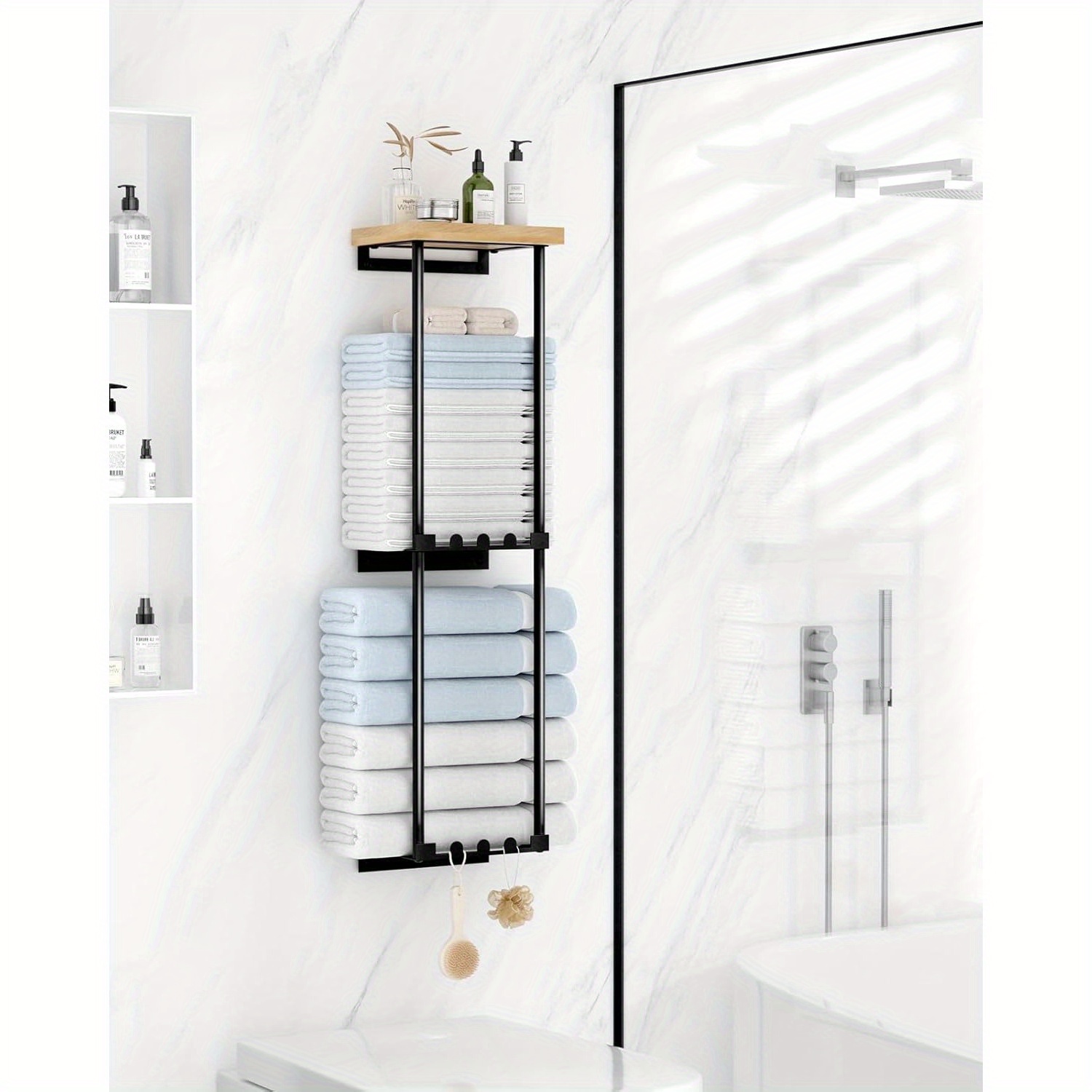 

3-tier Towel Holder Without Drilling.towelholder Wall Mounting, Towel Rack With Shelf, Towel Holder Bathroom, Towel Holder Black, Guest Towel Holder With 6 Towel Hook