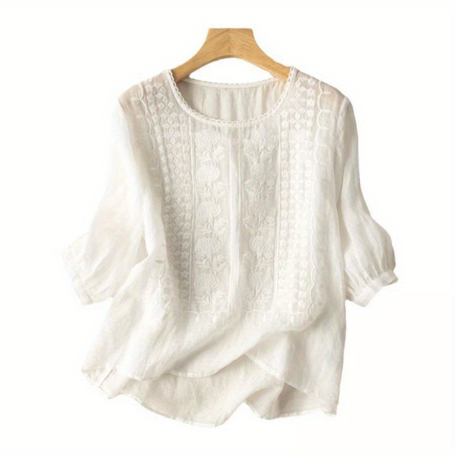 

Medium-sleeved Linen Blouse Female Embroidery Loose Literary Retro Linen T-shirt Summer Thin Section Clothing Loose Female