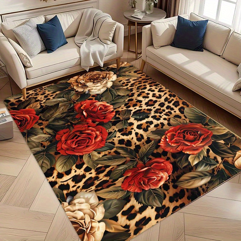 

1pc, 8mm Thick, Vintage Leopard & Rose Print, Machine Washable Polyester Area Rug, 1.8m Longest Side, For Entryway, Living Room, Bedroom, Kitchen, Indoor Doorway Decor, Pvc Backing, Rectangular Shape