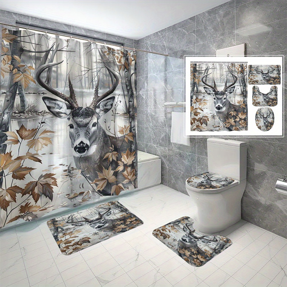 

1pc/3pcs/4pcs Deer Digital Printing Polyester Waterproof Shower Curtain No Punching Bathroom Four-piece Set