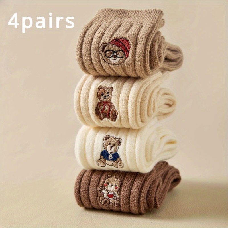 

4 Pairs Cozy Wool Slouchy Socks For Women - Cute Bear Embroidered Design, Thick Ribbed Cuffs, Soft Knit Fabric, , Hand Wash Only