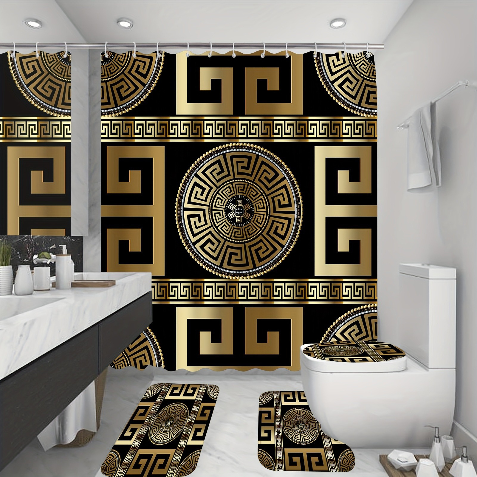 

1/ 4piece Modern Geometric Greek Shower Curtain Set - Your Bathroom With Design, 12 Hooks, Rug, Mat, & Toilet Lid Cover - Complete Decorative Accessories