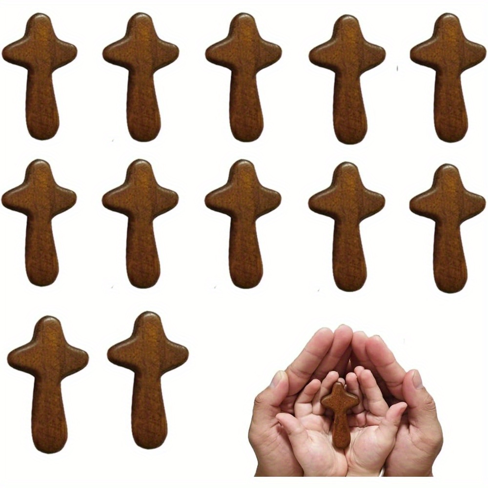 Image of 12pcs Pack Wood Mini Pocket Crosses Suitable For Religious , Communion, Baptism Gifts - Portable Handheld Jesus Crosses For Church,, Travel, Wood Grain For &