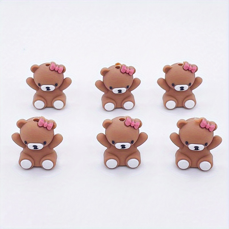 Image of 6pcs New 3d Brown Bear With Bow Jewelry Making Silicone Beads Animal Shape Assorted Charm Bulk Beads For Bracelet Name Tags Gift Craft Decorative Accessory