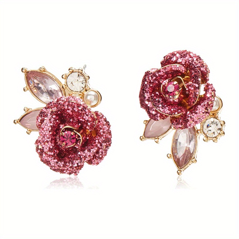 

1 Pair Rose Full-jeweled Stud Earrings Crystal Flower Earrings New Trendy Niche Design Ear Studs