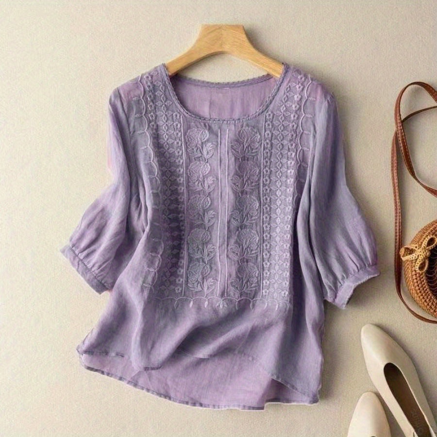 

Women's Boho Casual Cotton Linen Summer Floral Embroidered Fashion Tops V Neck 3/4 Sleeve Loose Blouse T-shirts