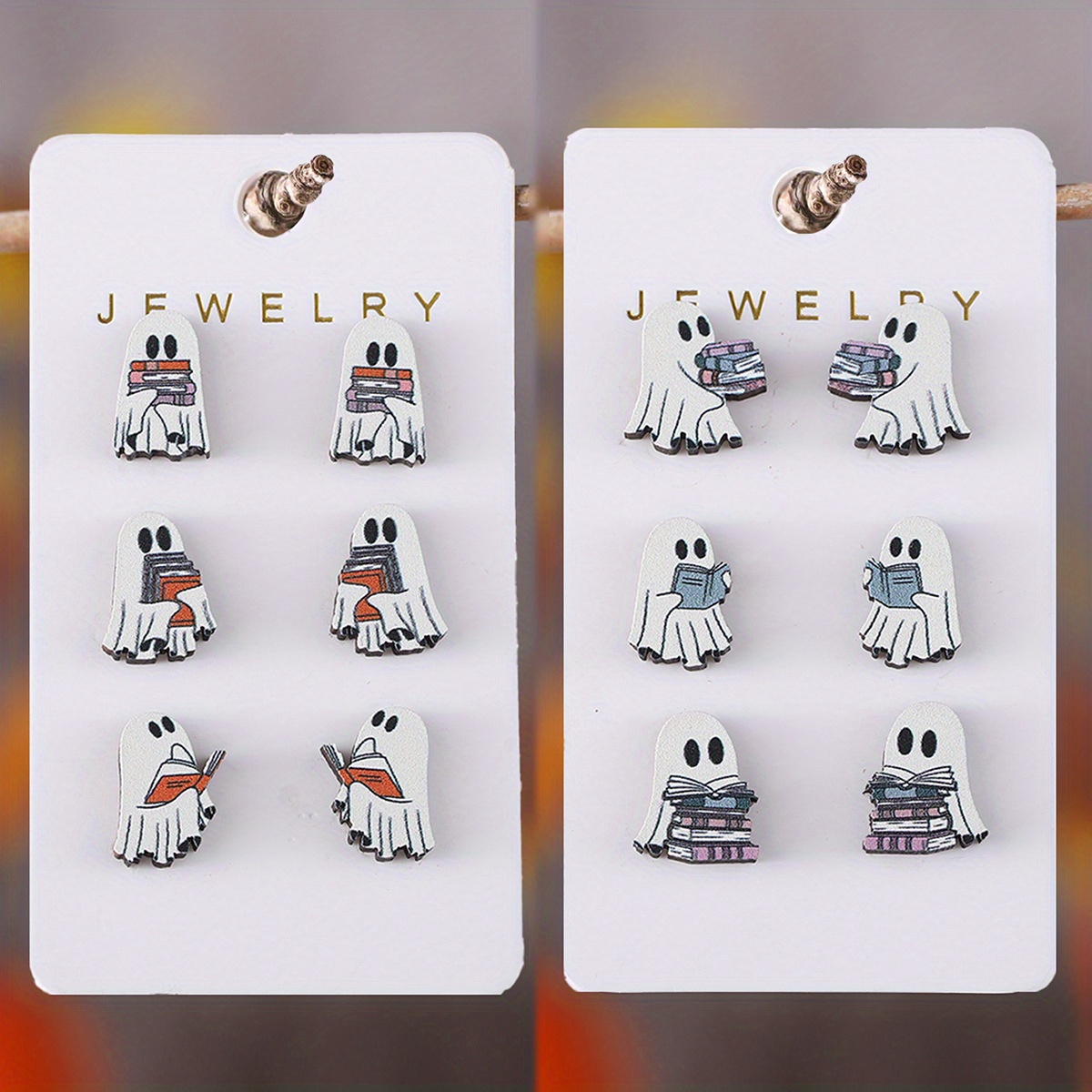 TEMU 6 Pairs Halloween Gothic Earrings, Spooky Book Lover Wooden Stud Earrings Set, Vintage Style Jewelry For Women, Cute -shaped Dangle Studs For