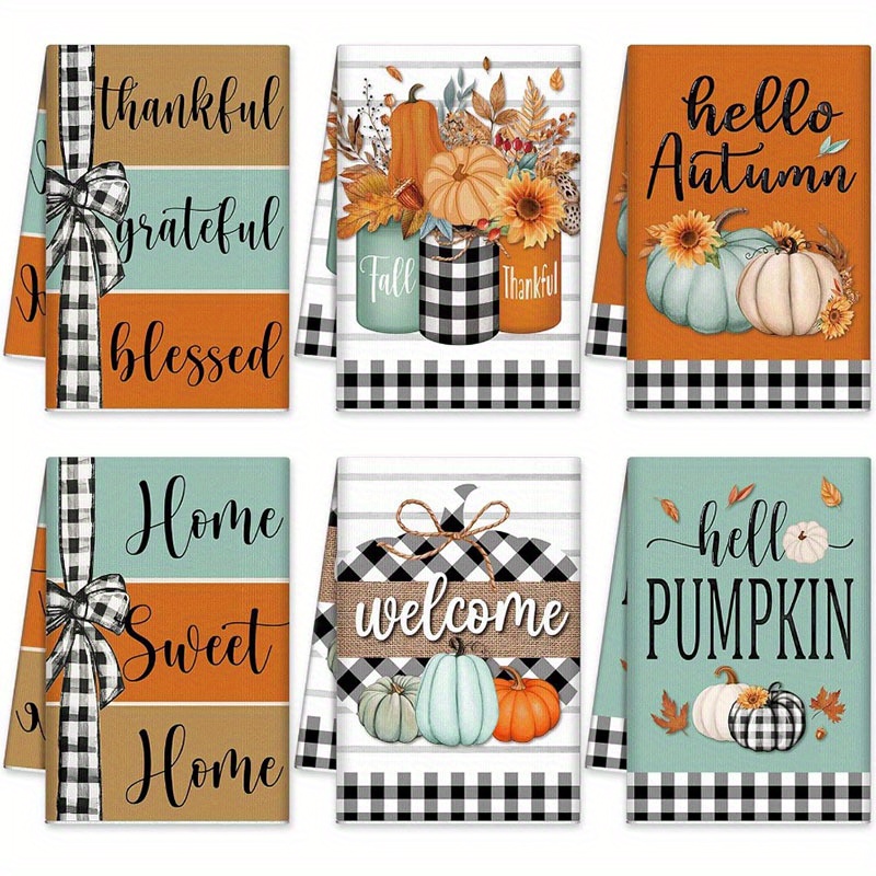 

6-pack Contemporary Microfiber Kitchen Towels - Super Soft Knit Fabric Dish Cloths With Autumn Pumpkin & Plaid Design | Machine Washable, Space Theme Oblong Tea Towels For Thanksgiving & Home Decor