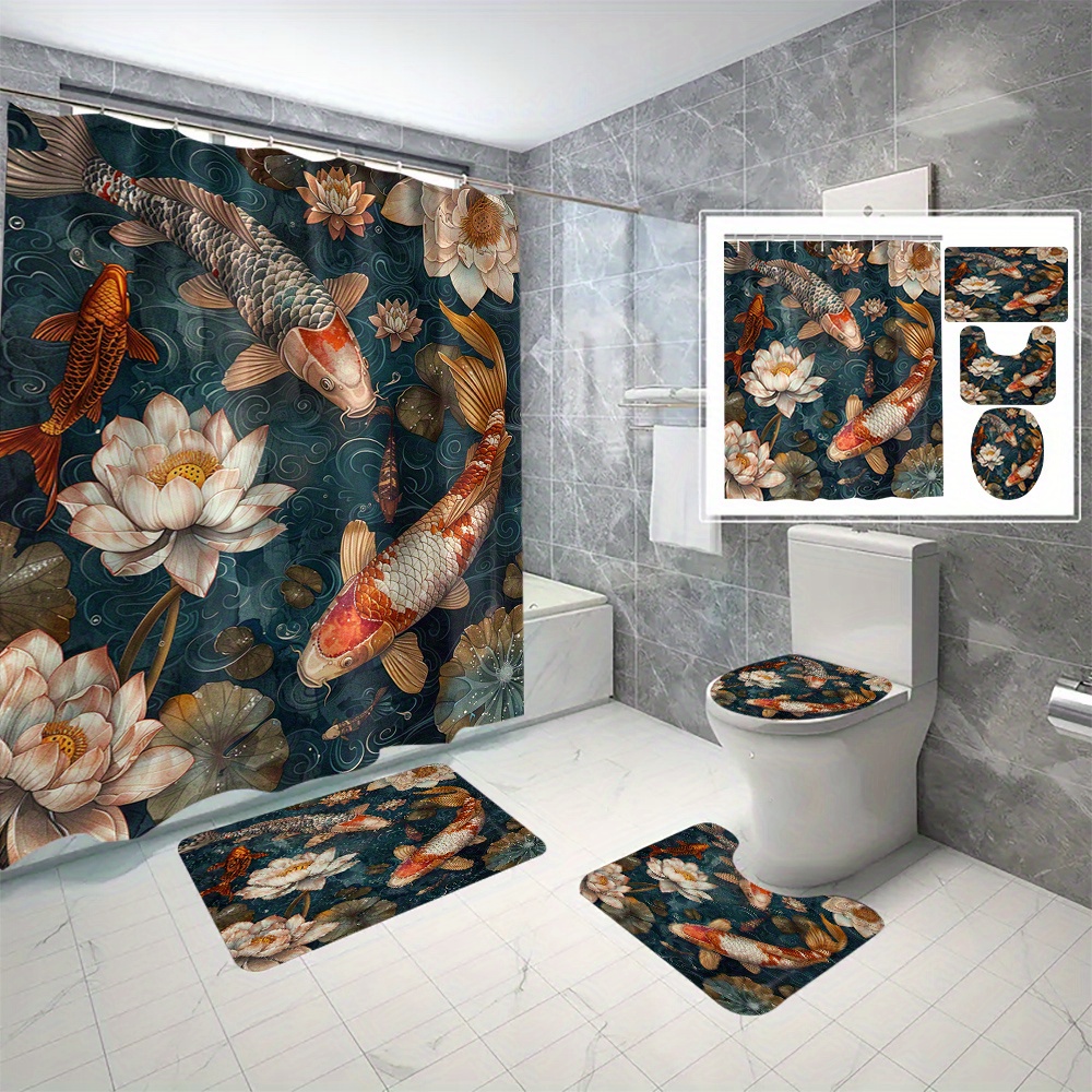 

1pc/3pcs/4pcs For Lotus Koi Polyester Waterproof Shower Curtain No Punching Bathroom