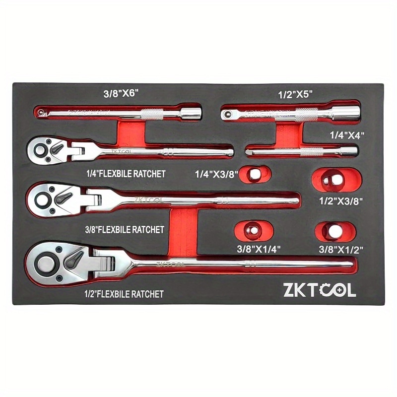 TEMU 10pcs Ratchet Set, 1/ 4", 3/ 8", 1/ 2" Drive, Swivel Head Ratchet Wrench With Extension Bar