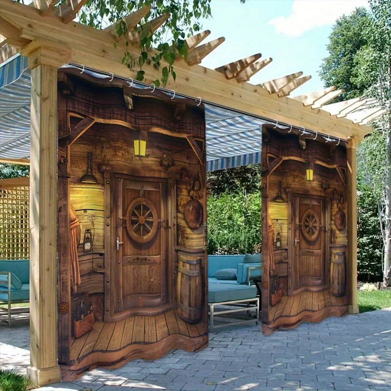 

Vintage Cabin & Barrel Print Outdoor Curtains - Waterproof, Semi-transparent Sun Shades For Patio, Garden, And Porch - Polyester, Includes Hooks, 1pc/2pcs Set