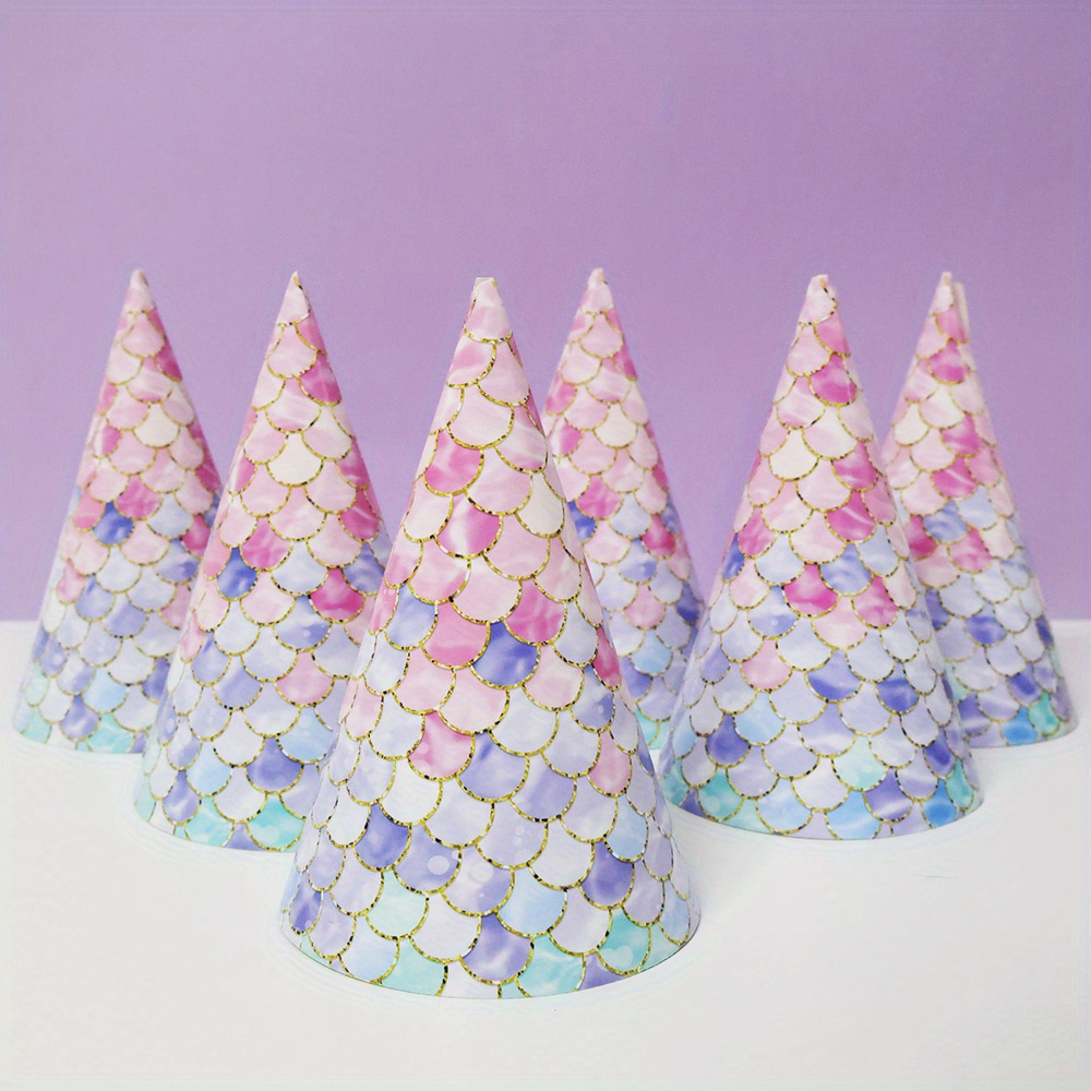 

6pcs/set Mermaid Theme Birthday Hat Colourful Mermaid Scale Pattern Cap For Birthday Party Decorations, Holiday Party Supplies