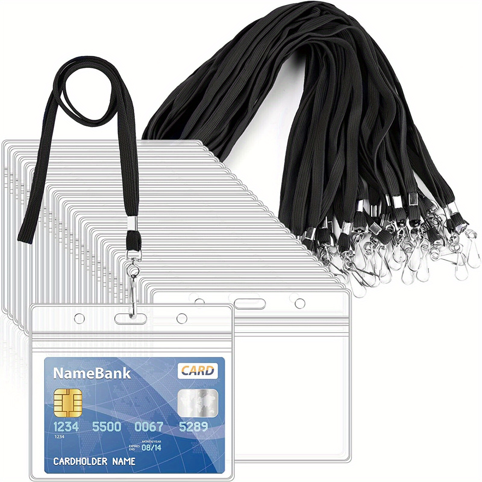 TEMU 120pcs Horizontal Badge Holders And Lanyards Kit, Clear Plastic Id Card Holders, Waterproof Name Tag Holder And Flat Neck Lanyard With Clip For