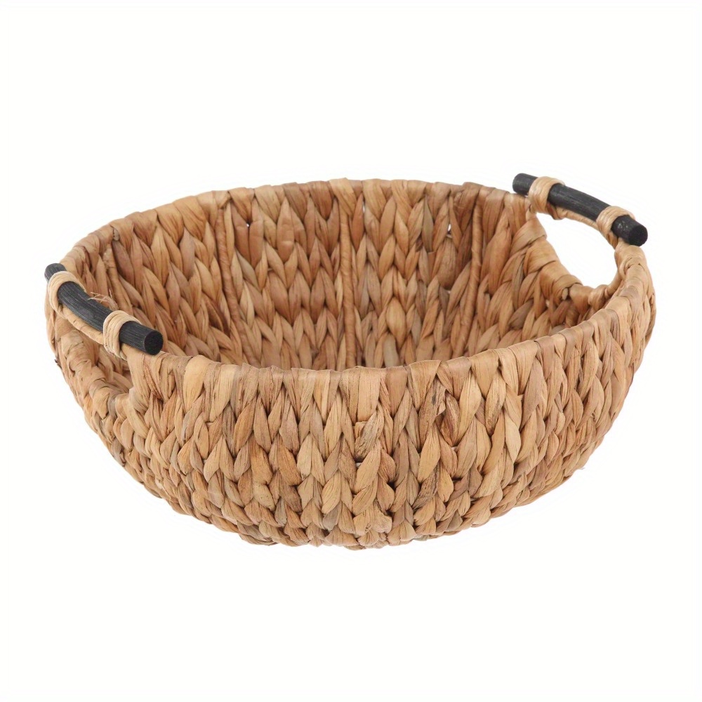 

Natural Woven Water Hyacinth Decorative Storage Basket With Wooden Handle, Side Handles For Easy Carrying, Perfect For Small Items Or Tabletop Decor