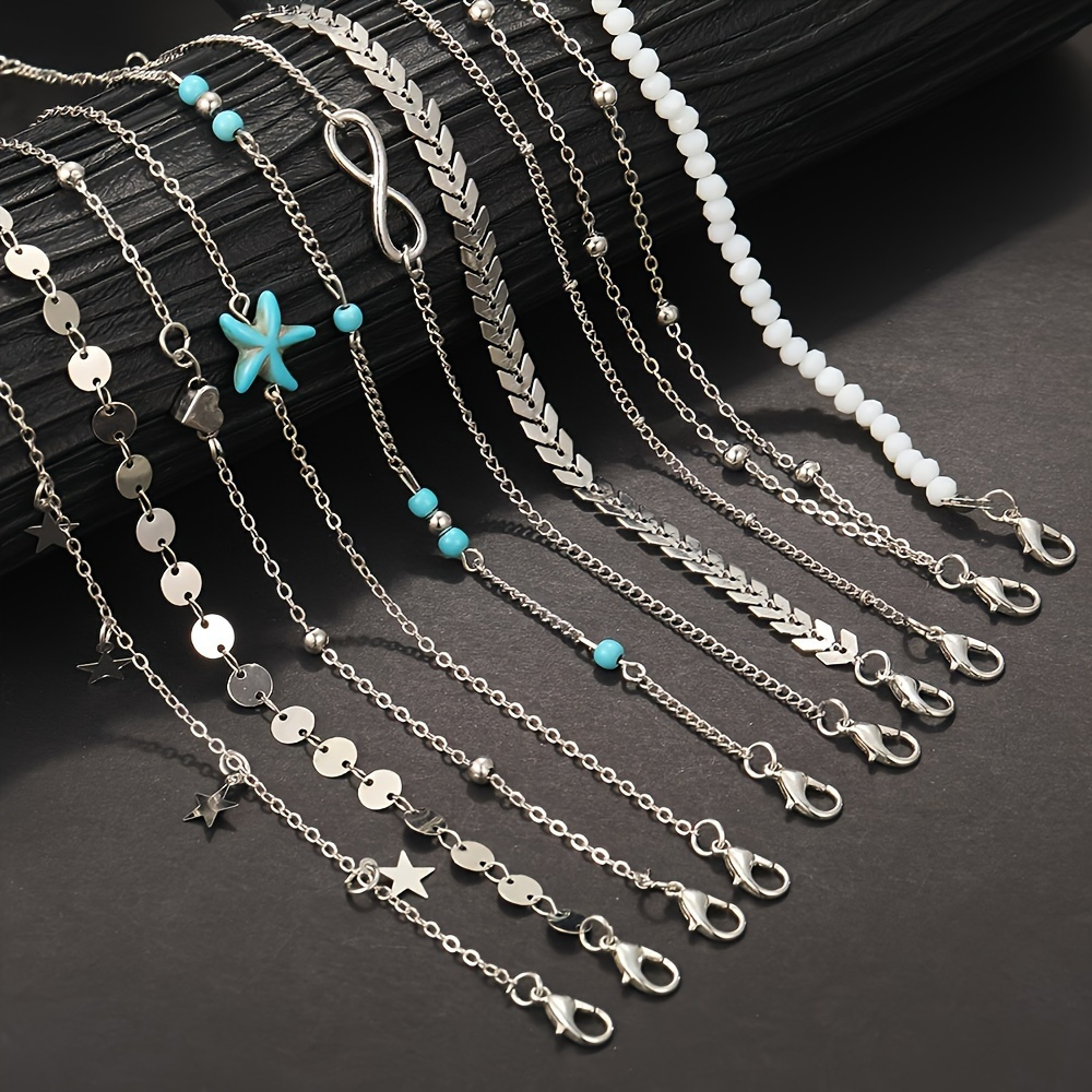 TEMU 10pcs Set Of Fashionable Bohemian Style Rice Bead Starfish Women's Ankle Chain Set For Summer Daily Vacation Wearing Fashionable Trendy Jewelry