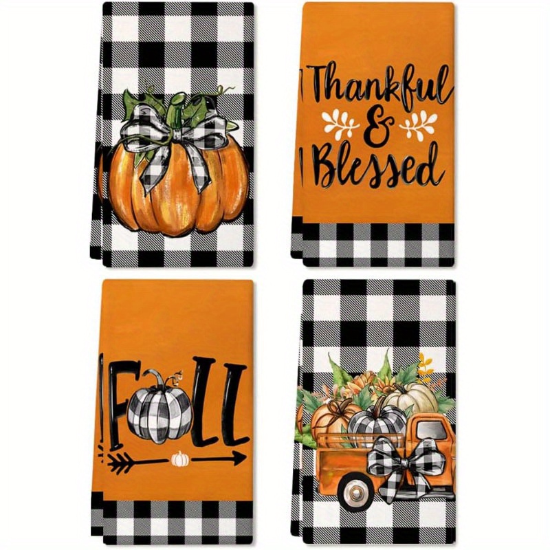 

4-piece Autumn Kitchen Towels: Pumpkin Truck Buffalo Check, 18x26 Inches, Soft Super Fine Fiber, Machine Washable, Contemporary Design, Perfect For Thanksgiving