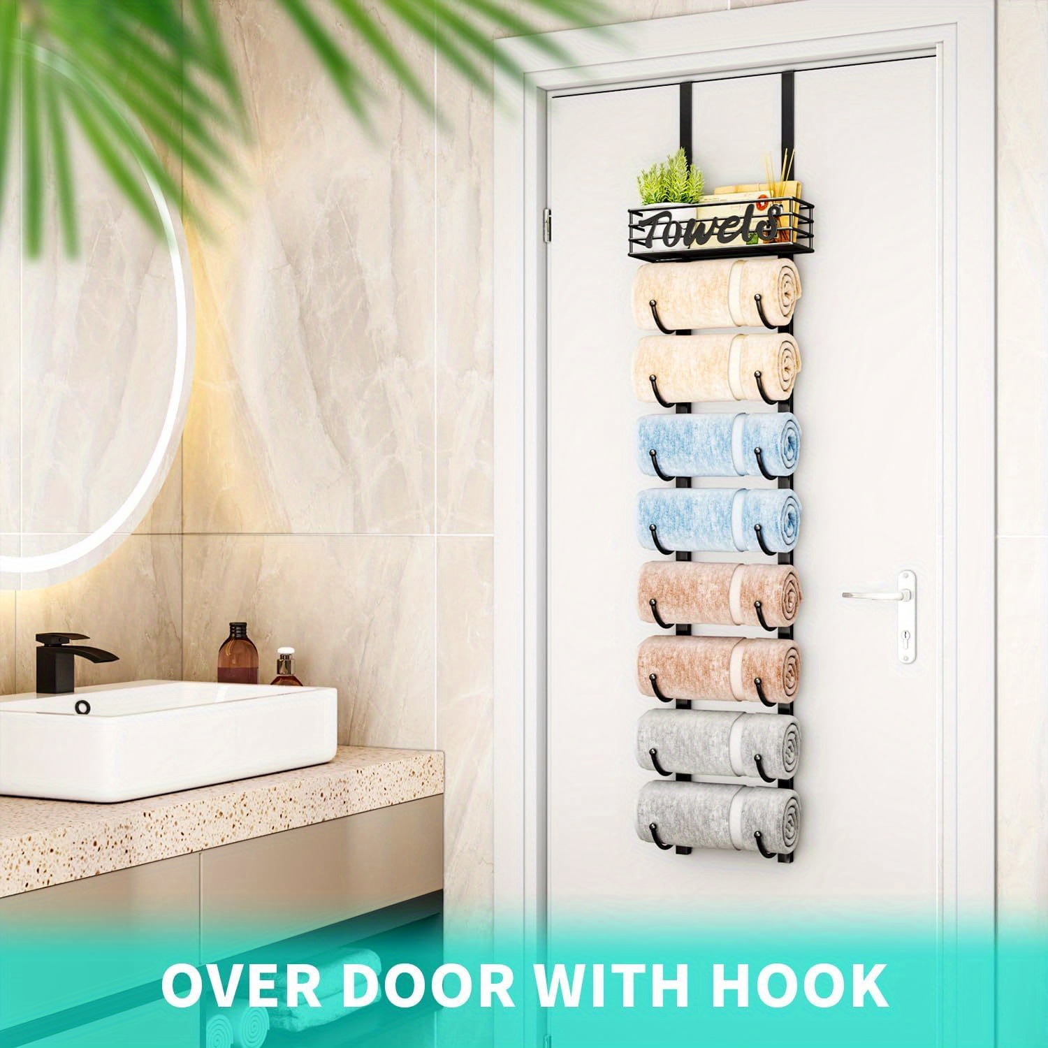 Over The Door Towel Rack with Metal Shelf Bathroom Organizer Wall  Mounted Towel Holder Rolled Towel Storage Black, Halloween Home Decor 