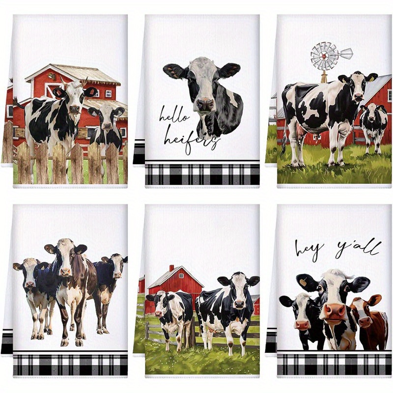 

6-piece Set Microfiber Dish Towels And Dish Cloths, Farmhouse Cow Print Kitchen Towels, Woven Super Soft Tea Towels, Contemporary Style, Machine Washable, Oblong 18x26 Inches