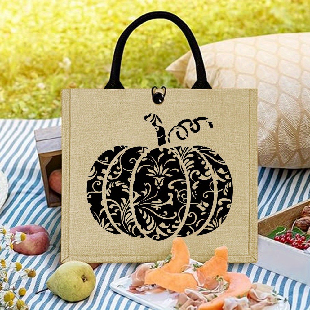 

Tote Bag: Festive Pumpkin Printed Jute Bag For Outdoor Picnics, Parties, Travel, And Shopping