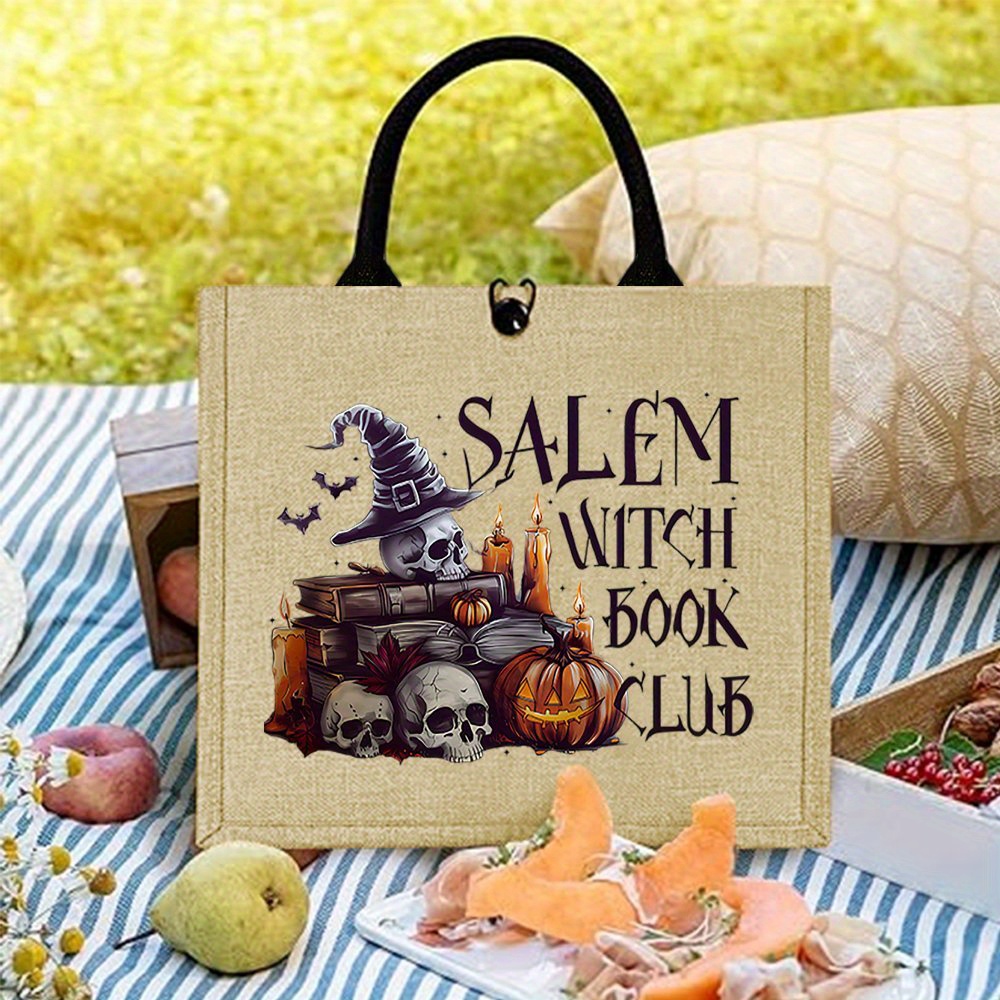 TEMU Halloween Tote Bag, A Perfect Gift For Halloween, Featuring A Skeleton Print. This Large Capacity Jute Bag Is Stylish And Durable, Ideal For