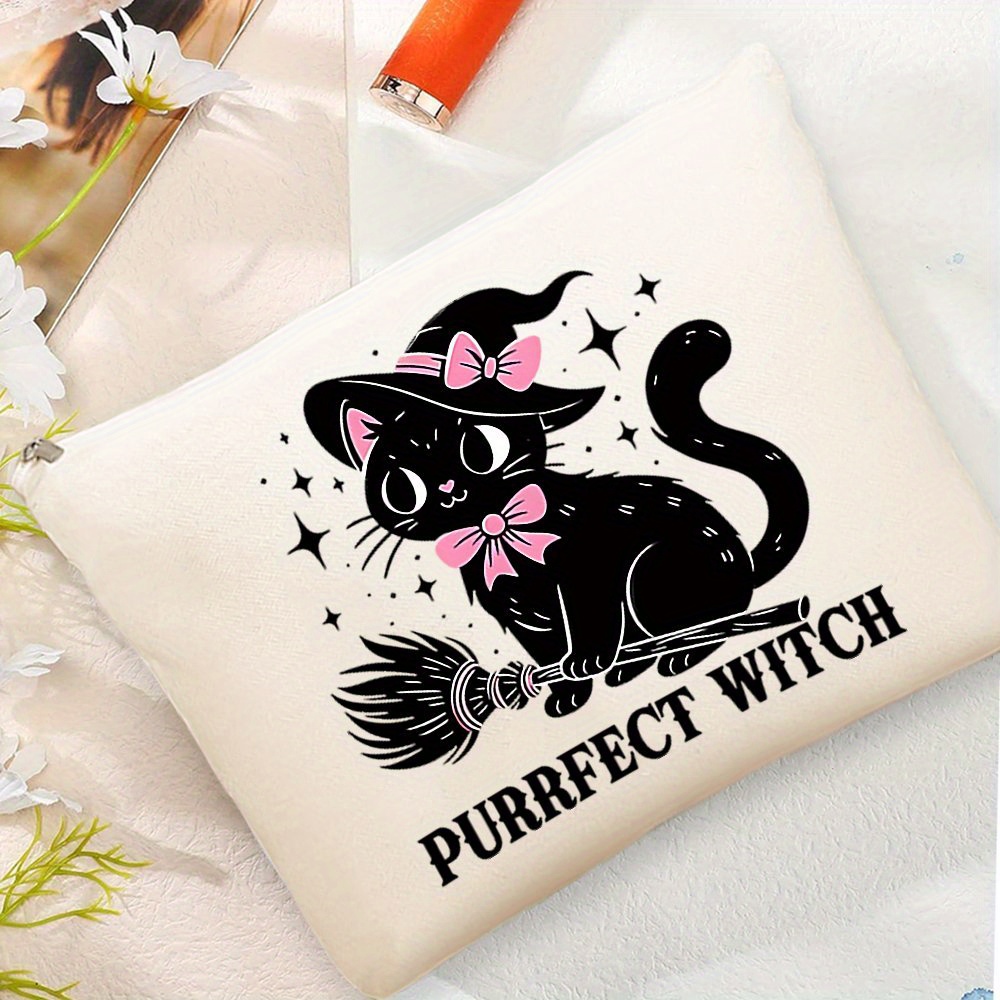 

Witch Cat Canvas Cosmetic Bag - Lightweight And Stylish Travel Toiletry Pouch With Zipper Closure For Women, Fashion Witch-themed Makeup Organizer, Ideal Gift