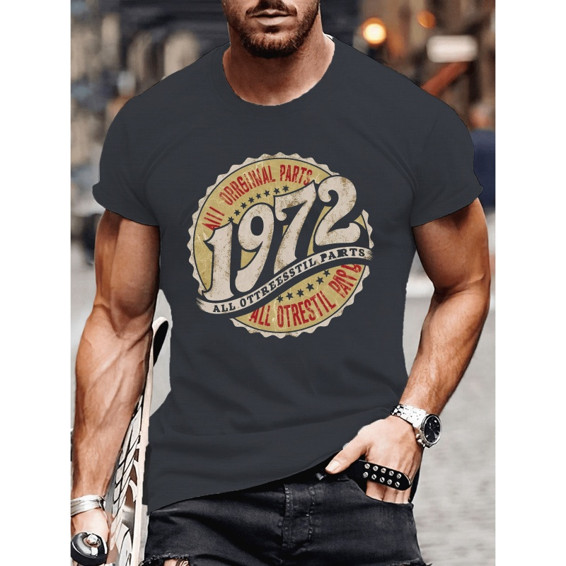 

T-shirt vintage imprimé 1972 pour homme - T-shirt décontracté à col rond en polyester avec une légère élasticité, chemise à manches courtes en coupe régulière pour l'été