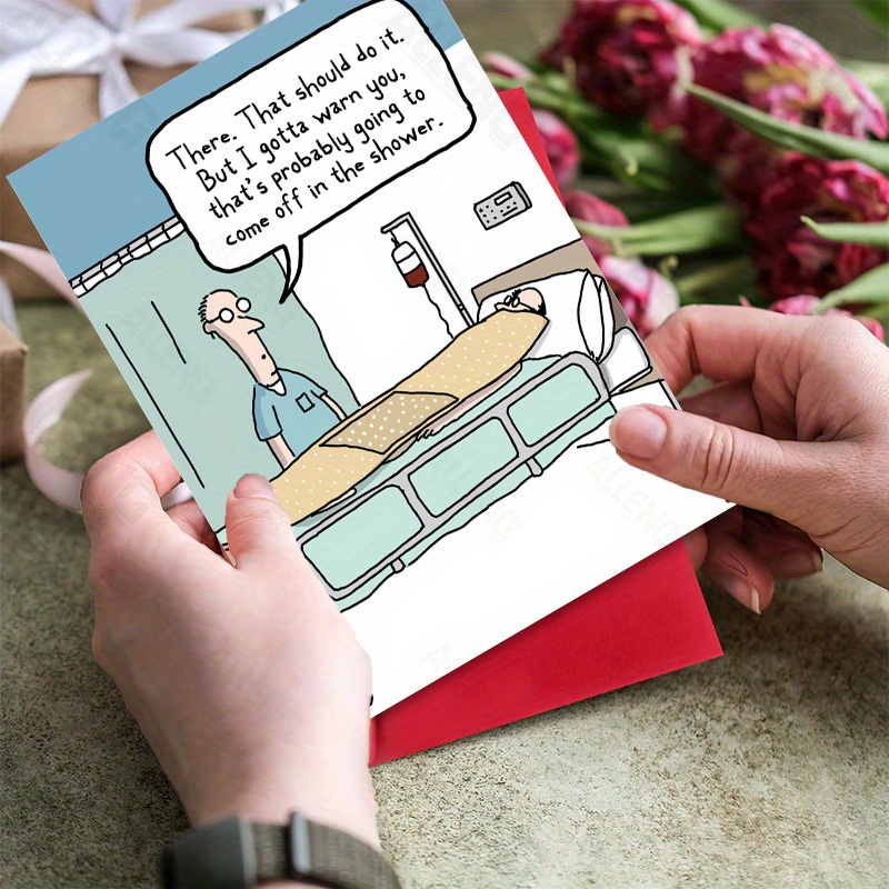 

Alleng Funny Get Well Soon Greeting Card, Humorous Bandaged Body Illustration With Envelope, Cheerful Recovery Message, Hospital Stay Support - Pack Of 1