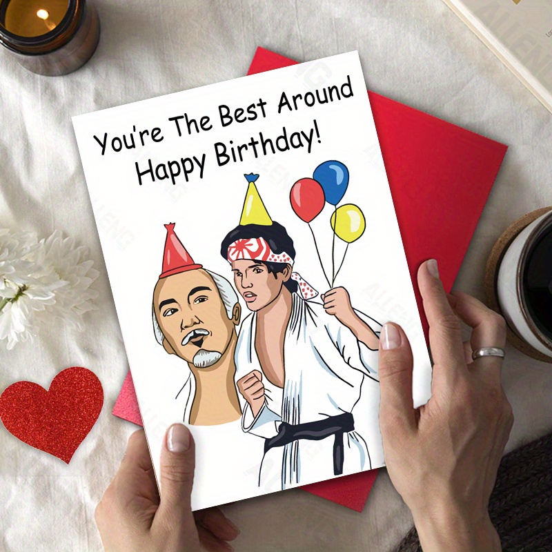 

Alleng Inspired Birthday Card With Theme And Party Hat, Multicolor Balloons Design - Festive Martial Arts Greeting Card For Birthday Celebrations