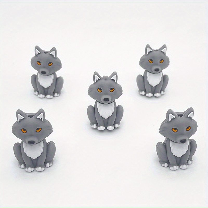 Image of 5pcs New 3d Wolf Jewelry Silicone Beading Set Gray Wolf Animal Shape Decorative Assorted Charm Beads Bracelet Beadable Pen Handmade Crafts Gift Decorative Additions