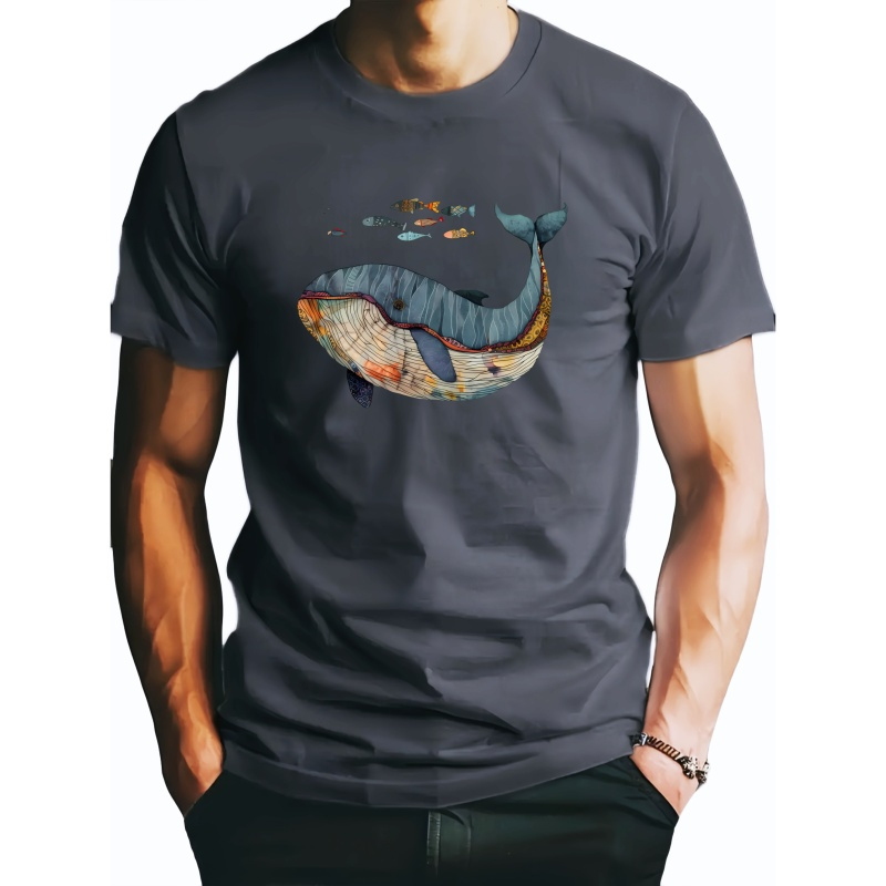 

Men's Casual Whale & Fish Print T-shirt - Soft Polyester, Short Sleeve, Crew Neck - Summer