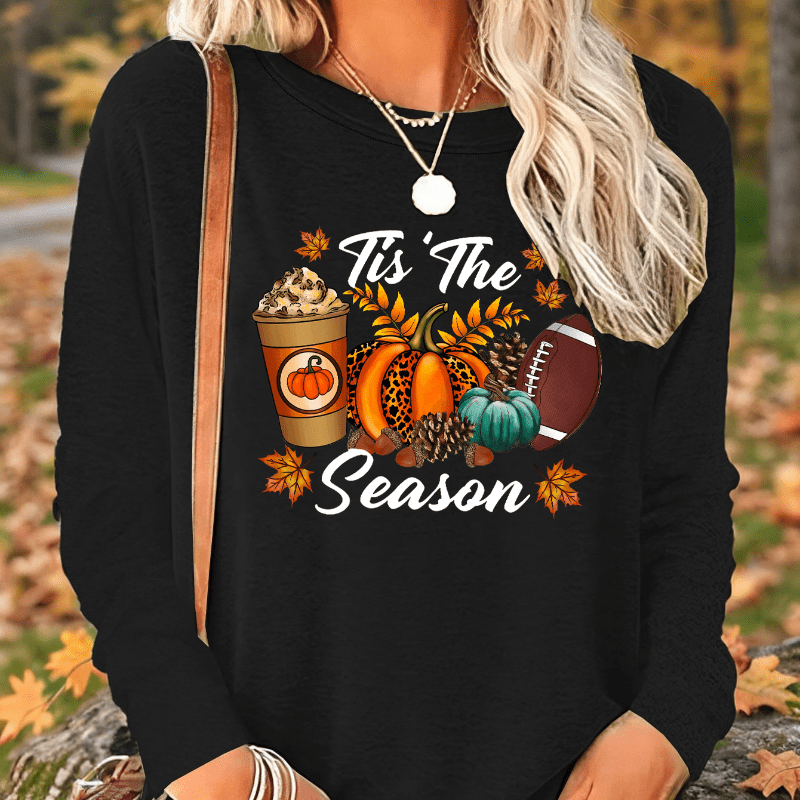 

Autumn Thanksgiving Alphabet Print Long Sleeve Crew Neck T-shirt For Women, Casual Polyester Knit Fabric With Elastane, Medium Stretch, Fall/winter Season